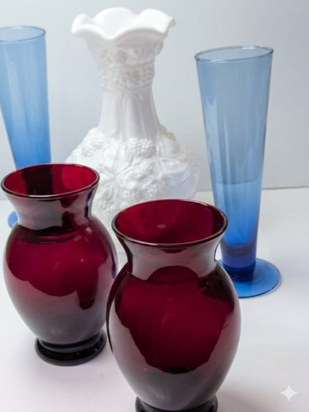 Vintage Fenton Red White Blue Glass (5) Floral Vase Set Patriotic Decor